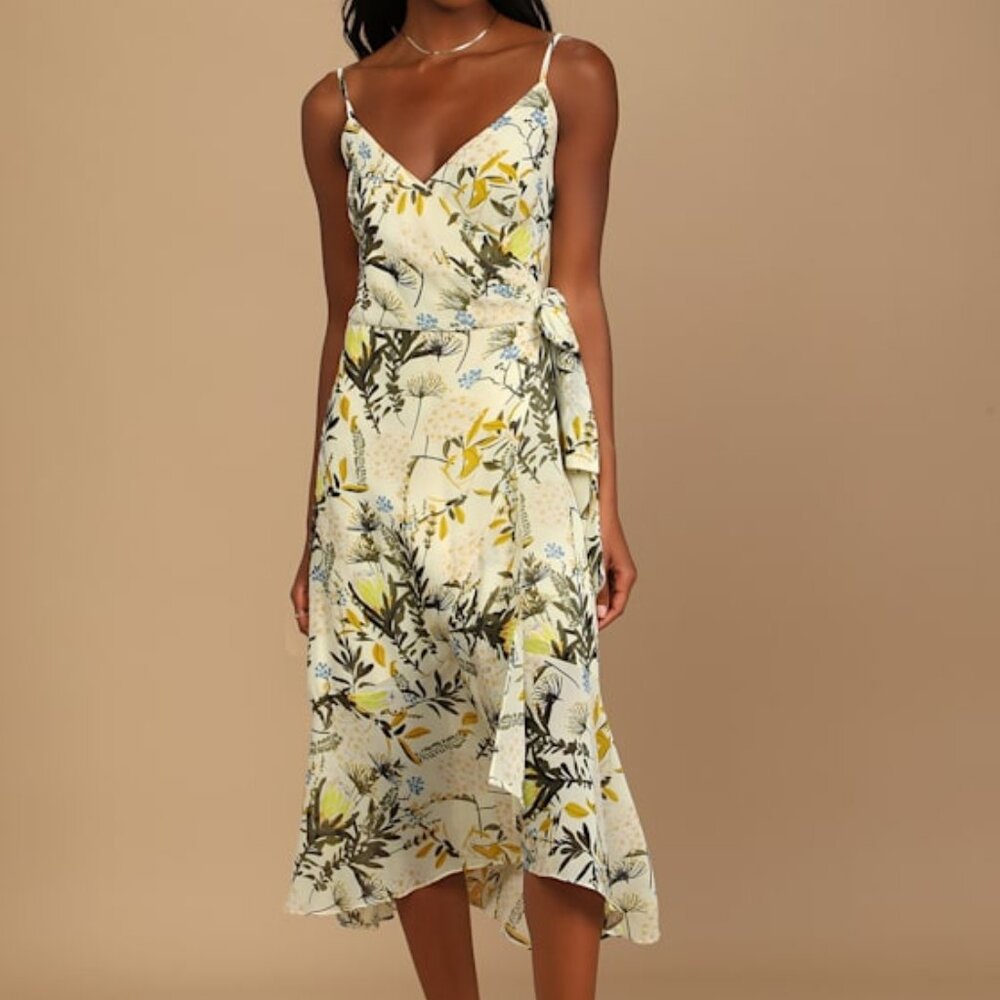 Lulus Wild Flowers Cream Floral Print Wrap Midi Dress Beige - Size XS